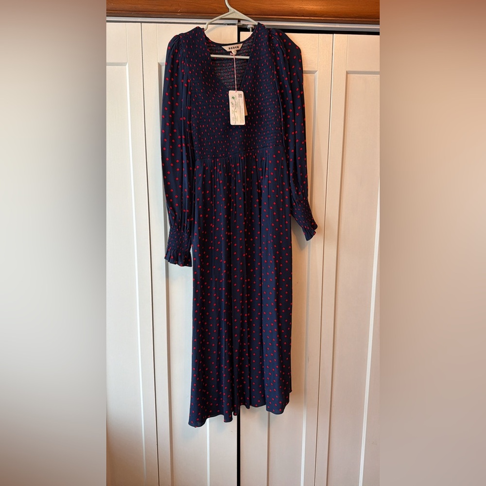Boden Navy Dress with Red Polka Dot Print, Long Sleeve